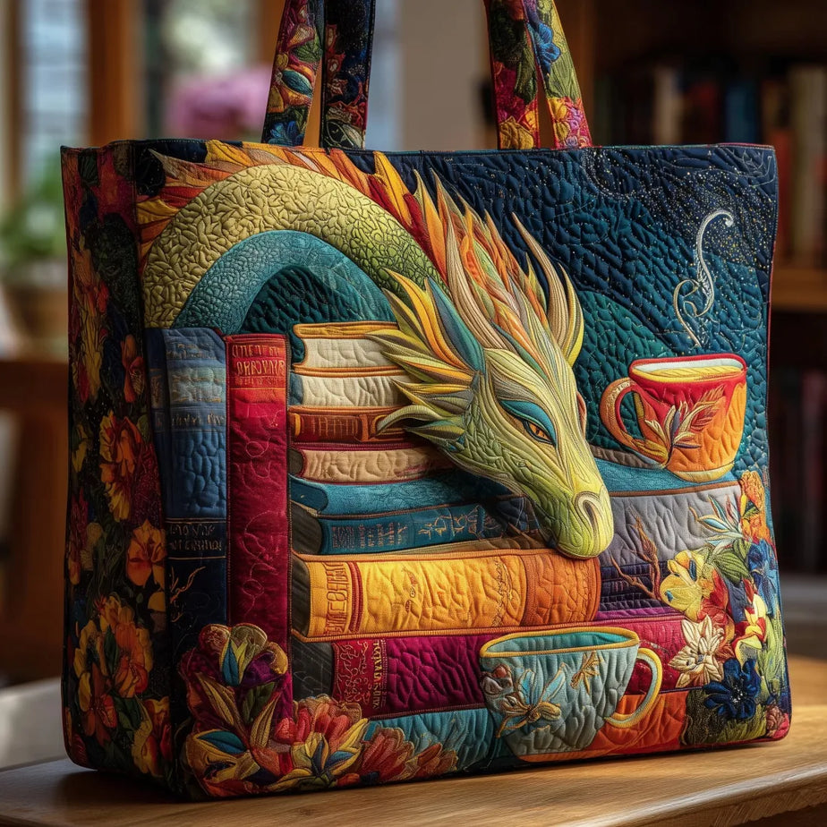 Bolsa de Hombro Artesanal Dragón con Libros y Tazas