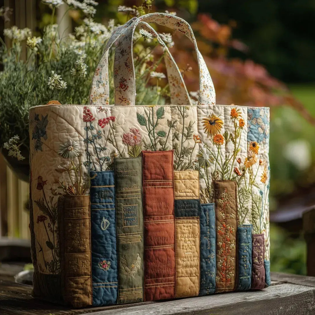 Bolsa Acolchada Artesanal: Libros y Flores